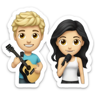 Blonde Caucasian boy with black guitar and a Caucasian girl with dark hair with a microphone sticker