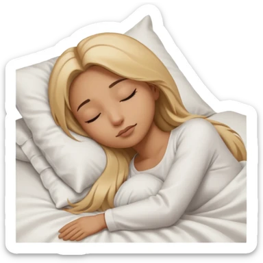 Mujer color de piel moreno claro, con cabello rubio largo, lacio y suelto, ojos negros, durmiendo con sábanas blancas  sticker