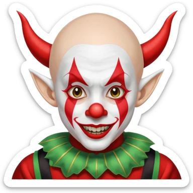 Crea un payaso que tenga toda la parte de la cara pintada de blanco que también de blanco esté la calva que no tenga pelo que tenga unas orejas como de duende, unos dientes picudos, unos cuernos de color negro y un traje de payaso rojo con negro sticker