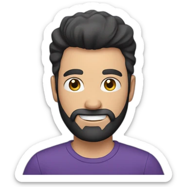 a white man with a black beard, pointing the camera with his index finger, he wears a purple tshirt, smiling,he has a modern haircut sticker