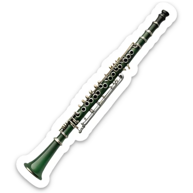 Create an elegant and refined emoji representing A clarinet. The design should showcase the sleek, black wood finish of the clarinet with its shiny metal keys and elegant detailing. Include the distinct, high-quality features, such as the unique greenish tint of the wood, giving it a modern and sophisticated look. Add subtle elements like the mouthpiece with the reed, emphasizing its importance in sound production. Use dark tones like ebony, silver for the keys, and soft light reflections to evoke a professional, classical feel. The background should be transparent. sticker