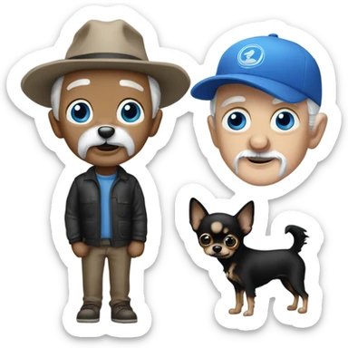 Blue eyed Old man with goatee ball cap holding black long haired chihuahua sticker