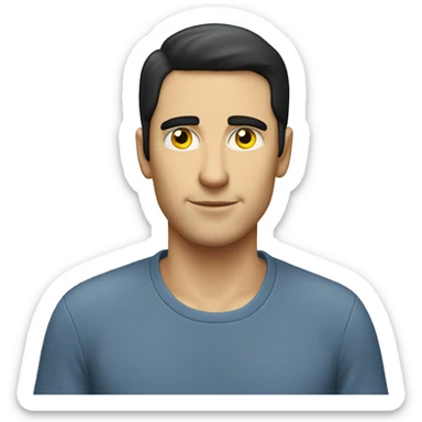 white man with black hair and yellow eye, no mustache. he is wearing blu shirt that says "ai".  sticker