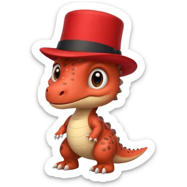 A very cute and adorable anthropomorphic baby dinosaur with a red top hat sticker