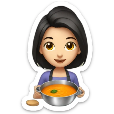 Girl with dark eyes and dark hair, cooking soup with pumpkin sticker