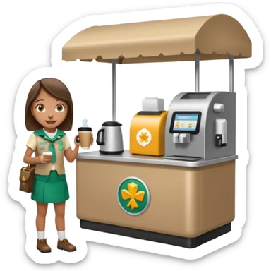 Girl Scouts selling coffee at her roped-off and covered booth stand by the side of the road with their own robotic looking coffee machine accepting all forms of payment  sticker