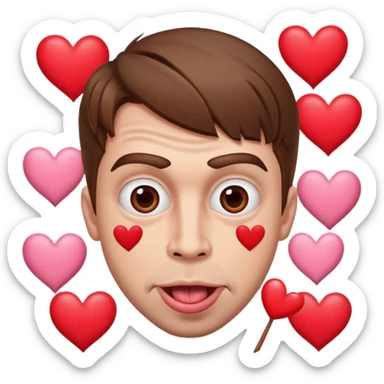 A cross eyed man with brown hair goon face their tongue out far with Valentine’s Day decor/hearts around eyes facing different directions sticker