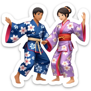 Cinematic Realistic scene of two performers engaging in Bon Odori, dressed in traditional yukata with intricate summer patterns, captured in graceful, rhythmic motion with warm, festive lighting sticker
