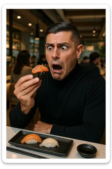 a man in casual clothes is about to eat a salmon gunkan at a sushi restaurant. As he brings it closer, he spots tiny parasites and bacteria wriggling on the fish. His face contorts in a dramatic expression of shock and alarm, with his hand frozen mid-air. The setting is a modern sushi bar, with other diners in the background unaware of the situation. sticker