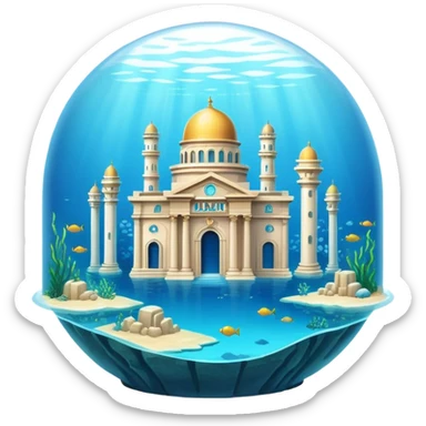 Simple Atlantis underwater city, basic dome buildings, small pillars, blue water sticker