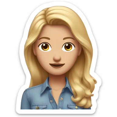 acurvy blonde woman with long hair, blue eyes and a light pink shirt, and a jean skirt, with a transparent backround sticker