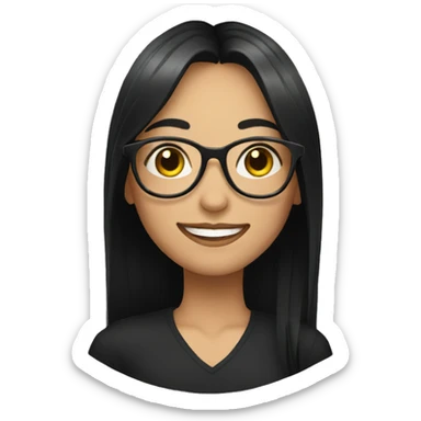 girl wearing black clothes, with long black hair, glasses, smile,  sticker