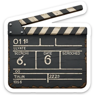 Minimalist emoji-style sticker of a cracked movie clapperboard with the date “06/06/66”, faint scorched marks, all in grayscale


 sticker