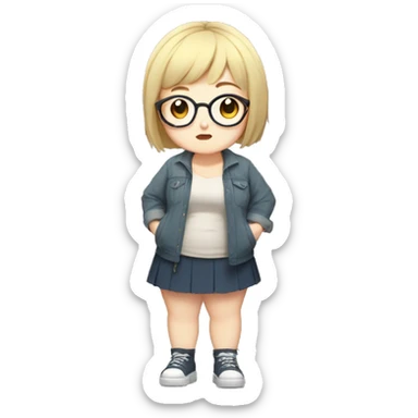 Chubby anime girl with glasses and short blonde hair, full body wearing cute clothes sticker