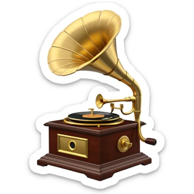 3D render of Gramophone, vintage 1980s audio equipment aesthetic, tactile analog buttons, polished brass gold horn with a dark mahogany wood base, mixed wood grain and brushed aluminum textures, Apple emoji style, isolated on white background --v 6.0 sticker
