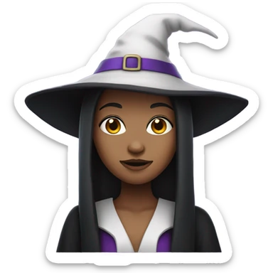 a young white brown thin girl with straight black hair dressed as a witch with purple hat sticker