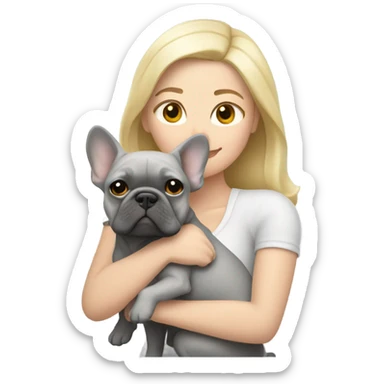 Blonde woman hugging light gray French bulldog  sticker