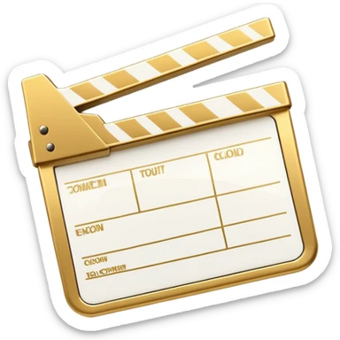 ultra simplified movie clapper with gold and white colors, two simple rectangles with a diagonal line sticker