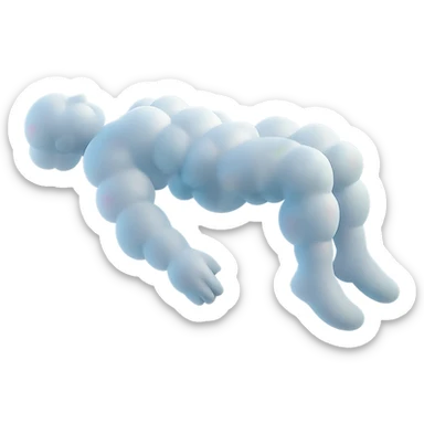 side view of unconscious person flying torso up, legs and arms down, made of small very bright white fluffy convex clouds with rainbow iridescence, matte glass style sticker