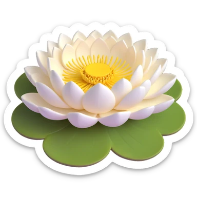 Realistic white lotus flower with detailed layered cream-white petals and bright yellow stamens, floating on accurate lotus pad with characteristic notch and bowl shape sticker