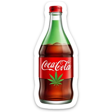 iconic curved Coca-Cola style glass bottle in red with a green cannabis leaf and "red pop" text on the label sticker