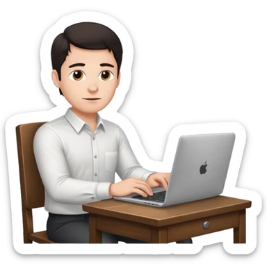Rich man working setting on a chair in shirt, dark hair, and near the desk with laptop he is german very beautiful looks like sticker