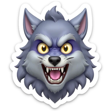 Cinematic Comical Werewolf Portrait Emoji, with a whimsically exaggerated lupine face in vivid moonlit grays and silvers, head cocked in a dramatically shocked expression with comically oversized, wide eyes and a playful snarl, simplified yet hilariously expressive, highly detailed with a soft cartoonish glowing outline capturing the mischievous humor of a werewolf mid-transformation! sticker