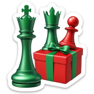 A red gift tied with a green ribbon in a white polka dot, with a knight and pawn chess pieces falling out of the gift sticker