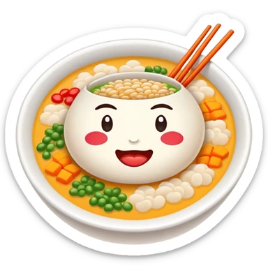 Laba Festival congee with colorful ingredients and garnishes, simplified emoji style with bold outlines and bright colors, cartoon style traditional Buddhist ceremonial porridge sticker
