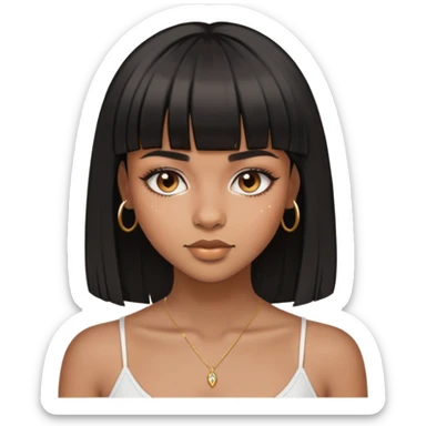brownskin girl, beautiful girl, black straight hair with bangs above eyebrowns, nose piercing sticker