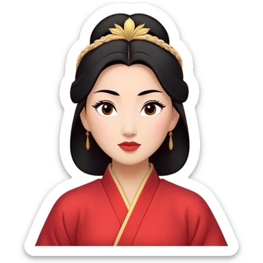 Cinematic Elegant Mulan Portrait Emoji, rendered in a flat, vector-style with minimal shading and bold, simplified shapes. Depict Mulan (chest and above) with warm, light-toned skin, almond-shaped eyes, and sleek black hair styled in a traditional bun. She wears a modest, traditional robe with subtle red and gold accents, glowing with a soft, refined radiance and high shine, capturing timeless beauty and inner strength. sticker