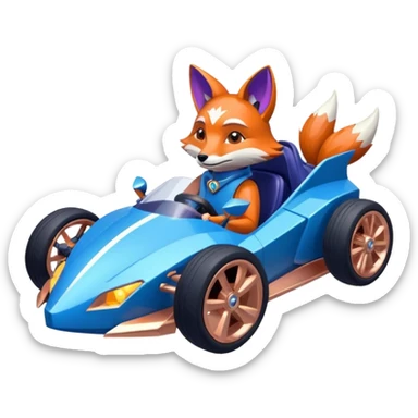 dark crystal blueberry and rosegold-accented cyber faceted-body electric racing car driven by a small cute but relaxed fox with rear spoiler, roll bar, and wheely bar sticker