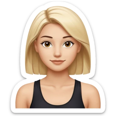 athletic young woman with shiny straight blonde hair center part light skin large brown eyes defined brows subtle winged eyeliner full nude lips confident friendly smile wearing simple black sleeveless athletic top smooth polished cartoon-like sticker