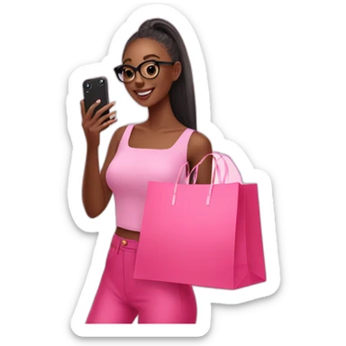 influencer taking selfie with a pink shopping bag sticker