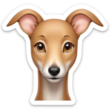 Cinematic Cute Fawn Greyhound Portrait Emoji, Head tilted playfully and inquisitively, featuring a sleek fawn Fur with a gentle sheen, round, sparkling eyes filled with curiosity, Simplified yet irresistibly adorable features, highly detailed, glowing with a warm, friendly glow, high shine, affectionate and nimble, stylized with a touch of whimsy, bright and endearing, soft glowing outline, capturing the essence of a mischievous yet loving racer, so playful it feels like it could sprint out of the screen and into your arms! sticker