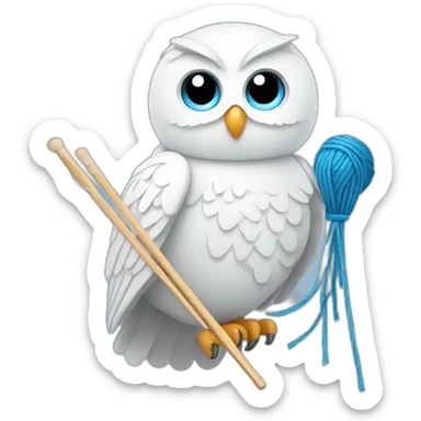 White Owl holding blue yarn ball and knitting needles sticker