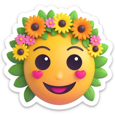 3D smiley emoji, large eyelashes, girly, floral headpiece, loving eyes sticker