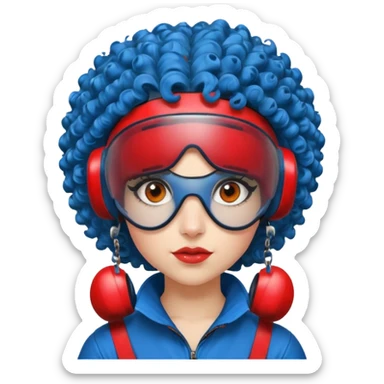 blue curly haired girl with huge earrings wearing red paintball helmet and eye protection, only face  sticker