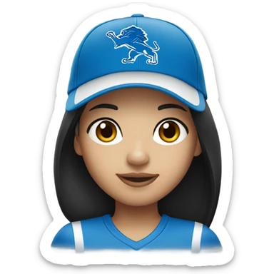 Asian girl with straight black hair wearing a Detroit Lions hat sticker