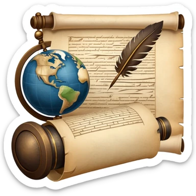 An icon featuring an ancient scroll, a quill pen, and a globe, symbolizing the study of history. The design includes a timeline with significant historical events, with ruins in the background to evoke past civilizations. Transparent background emphasizes the exploration of human history sticker