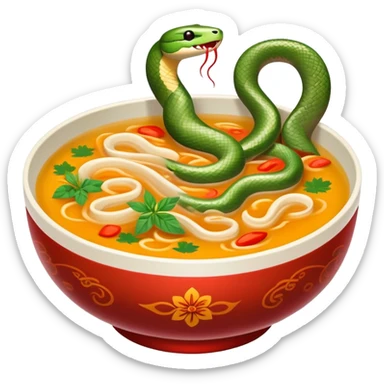 Cantonese snake soup in special double-walled bowl, simplified emoji style with bold outlines and bright colors, cartoon style exotic delicacy with herb decorations sticker