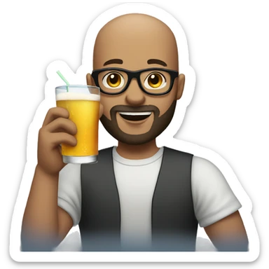 Bald young man with beard and glasses raising a drink sticker