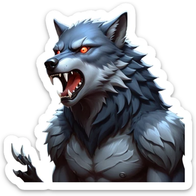 cinematic-noble-fierce-werewolf-howling-portrait-emoji, poised-and-imposing, with a fierce wolfish face tilted upwards in a haunting howl, glowing eyes full of primal ferocity, sharp, elongated fangs bared, and a rugged snout, fur rippling in shades of midnight black and silver, muscles tensed as the powerful howl echoes beneath the moonlit sky; rendered with realism, capturing the raw, untamed power of the beast in its wild, primal state sticker