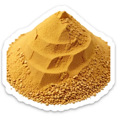 small mound or light scatter of fine golden-beige powder with slightly crystalline texture and dry matte finish, tiny uniform grains, neutral dissolvable ingredient, no spoon or packaging, soft lighting, subtle shadows, emoji scale sticker