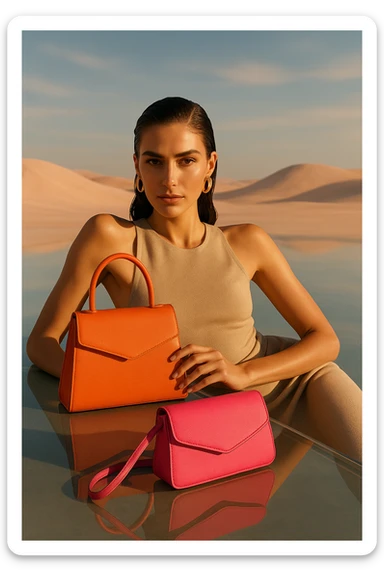 Editorial fashion: a woman with sleek wet hair and earrings reclines on a glassy surface in a pastel desert, holding orange and pink designer bags. She wears a beige minimalist top and gazes at the camera, with dramatic sunlight and a luxury campaign feel. sticker
