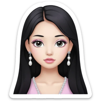 asian long black hair silver grey eyes glossy lips glittery white and light pink eyeshadow girl pearl earrings sticker