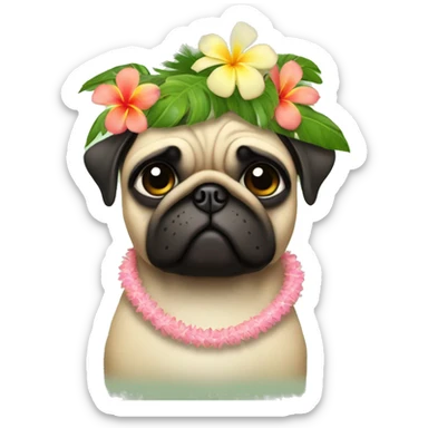 pug in a hula skirt with a coconut bra and a lei and a flower crown sticker
