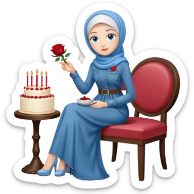 Turkish beautiful finish Konya girl blue eyes with denim hijab long tail dress and sits on the modernized white coffee house on a white chair and holds rose cake with her hand  sticker