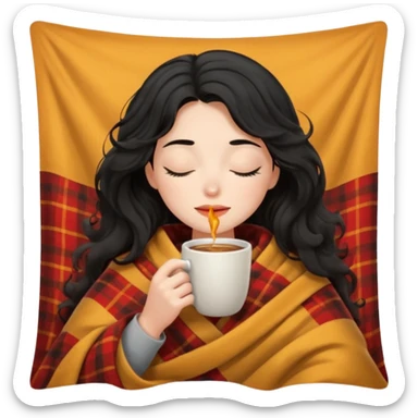 girl black hair wavy inside a blanket sipping coffee eyes closed sticker