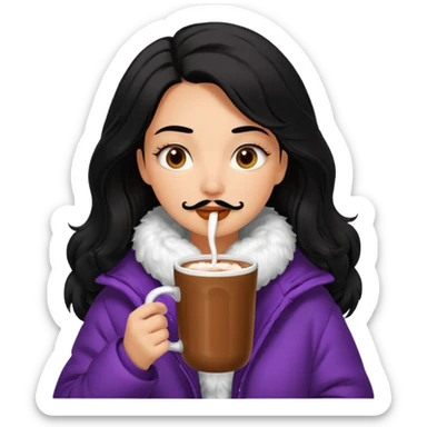 Tanned Girl with lashes , black hair, in an extremely big fluffy oversized jacket, and drinking hot chocolate drink sticker